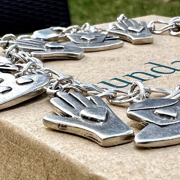 Sundance $538 NEW 7.5” Heart Hand Hat Silver Double Link Charm Handmade Bracelet - Picture 6 of 15